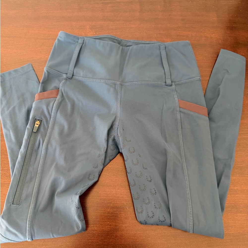 Girls Blue Riding Tights/gray accent with Grip & Side Zip Pocket size M